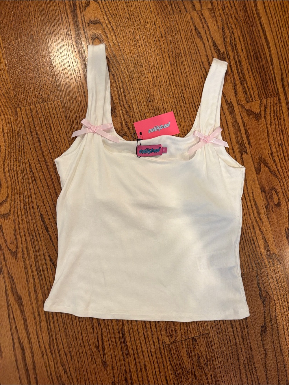 Edikted White Ribbed Tank with Pink Strap Bows